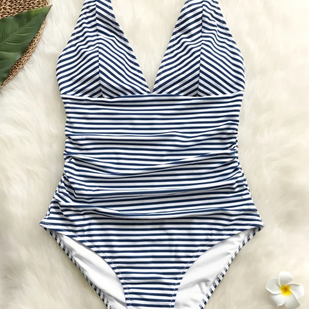 Blue/white stripe one piece swimsuit